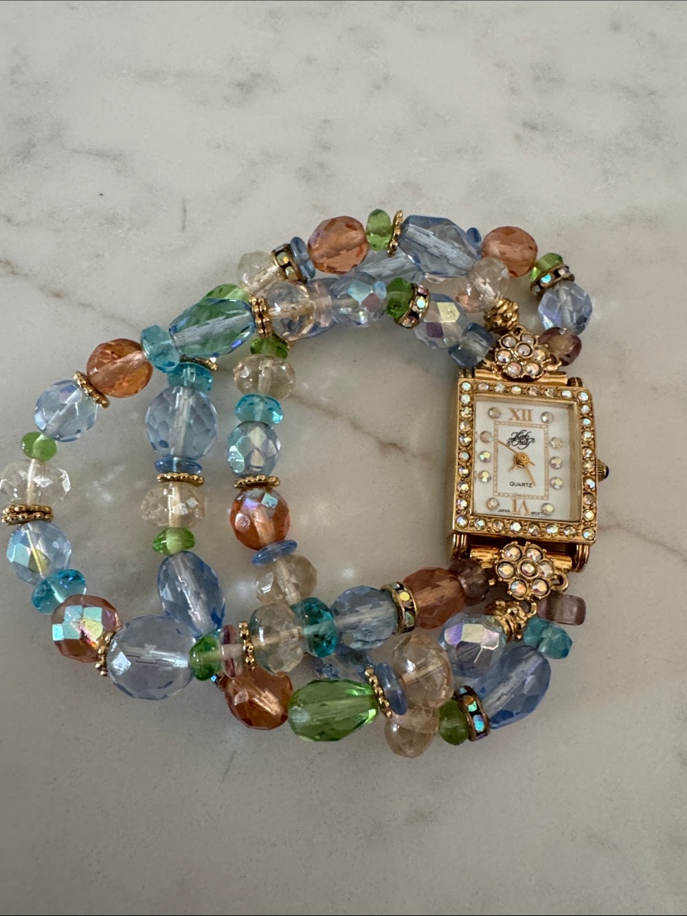Kirks Folly Multicolor Beaded Wrap Watch with Gold Crystal Case